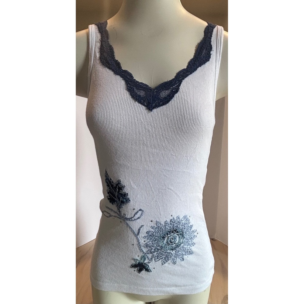 Cache‎ Womens White Ribbed Cotton Tank Top Blue Floral Lace Trim USA Made Medium